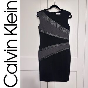 Asymmetric faux leather stripe sleeveless sheath dress with accents. Size 4.